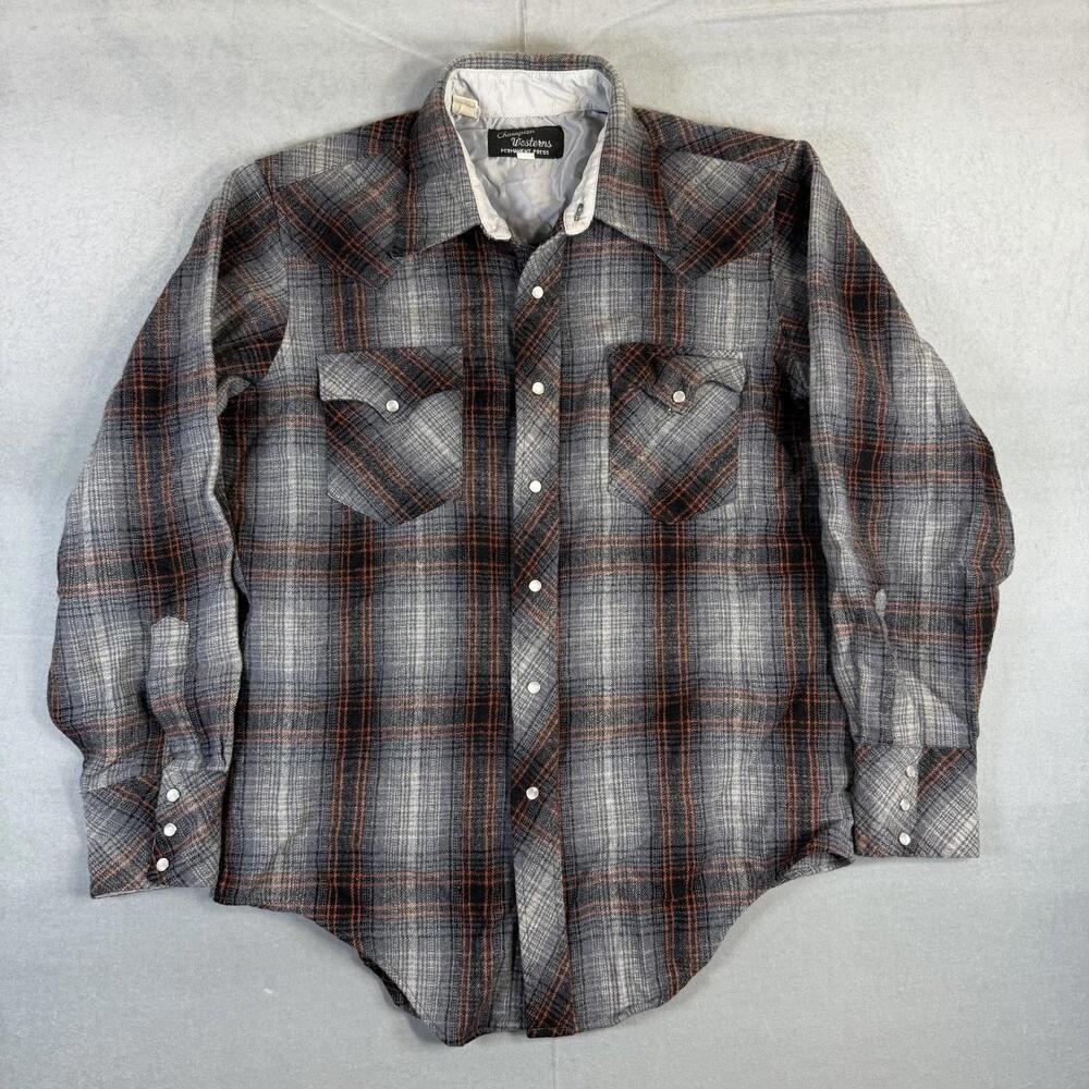 Vintage Champion Western Shirt Mens 16-34 Gray Plaid Pearl Snap Wool Cowboy 70s